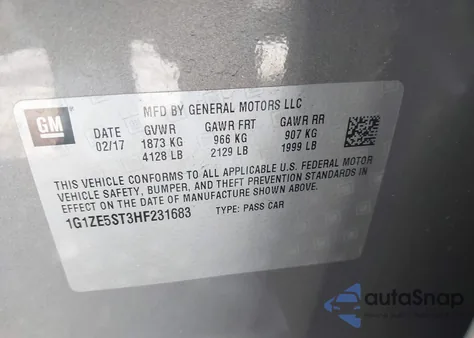 2017 Chevrolet Malibu 1Lt from USA, damaged, VIN 1G1ZE5ST3HF231683